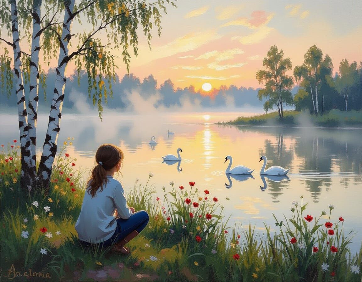 Neo-Impressionist Girl Watching Swans at Sunrise