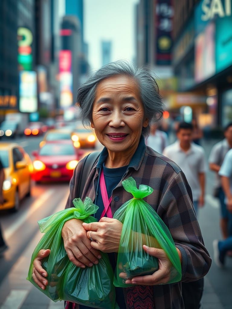 Elderly Chinese Woman Serenely Stands Amidst New York Boardw...