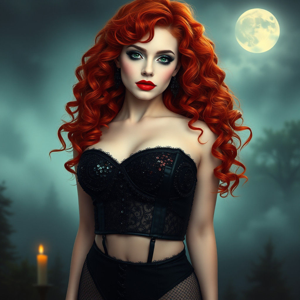 Gothic Redhead in Dreamy, Moonlit Scene