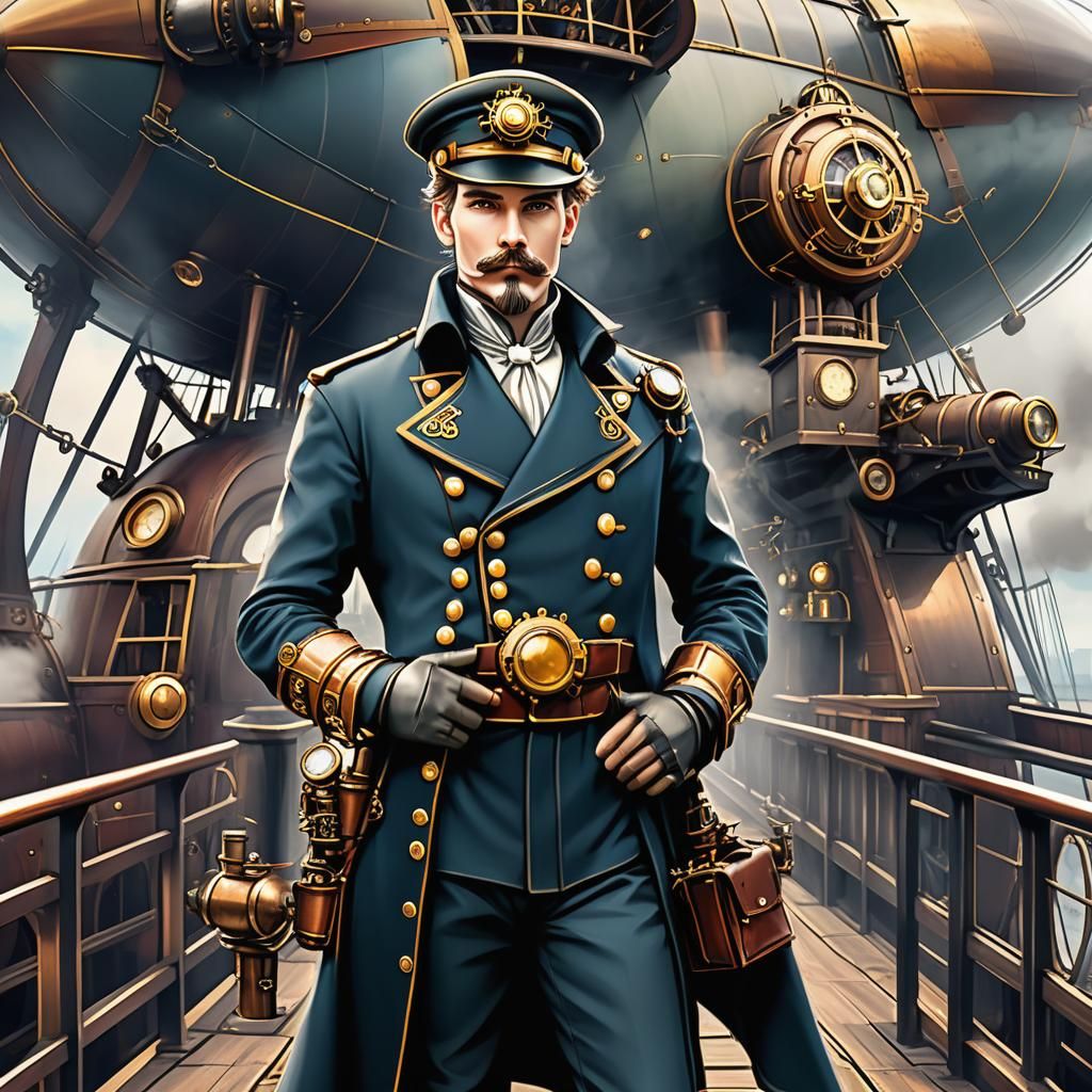 Steampunk Airship Captain on Bridge of Steamer