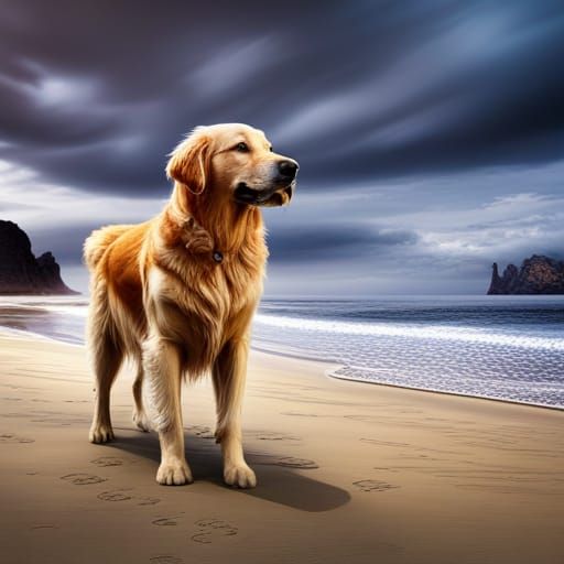 Golden Retriever at the Beach in Detailed Matte Painting
