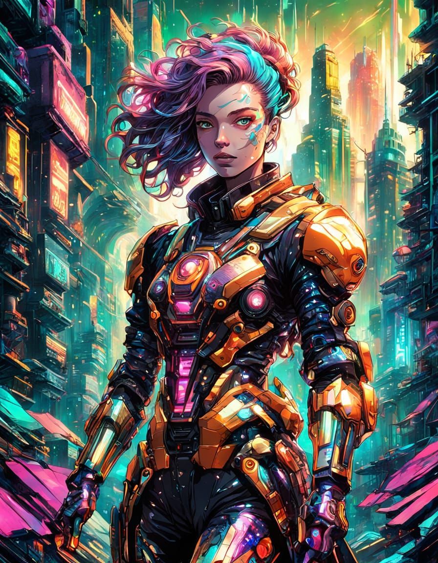 Cyberpunk Goddess with Glowing Insect Wings in Neon Cityscap...