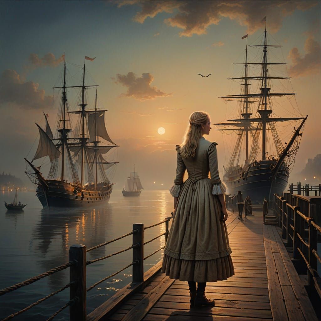 Romantic 18th Century Night Scene with Ship