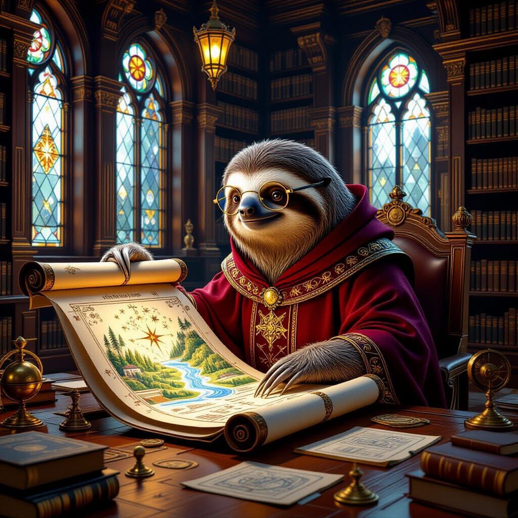 Magical Sloth Scholar in Library, Fantasy Art