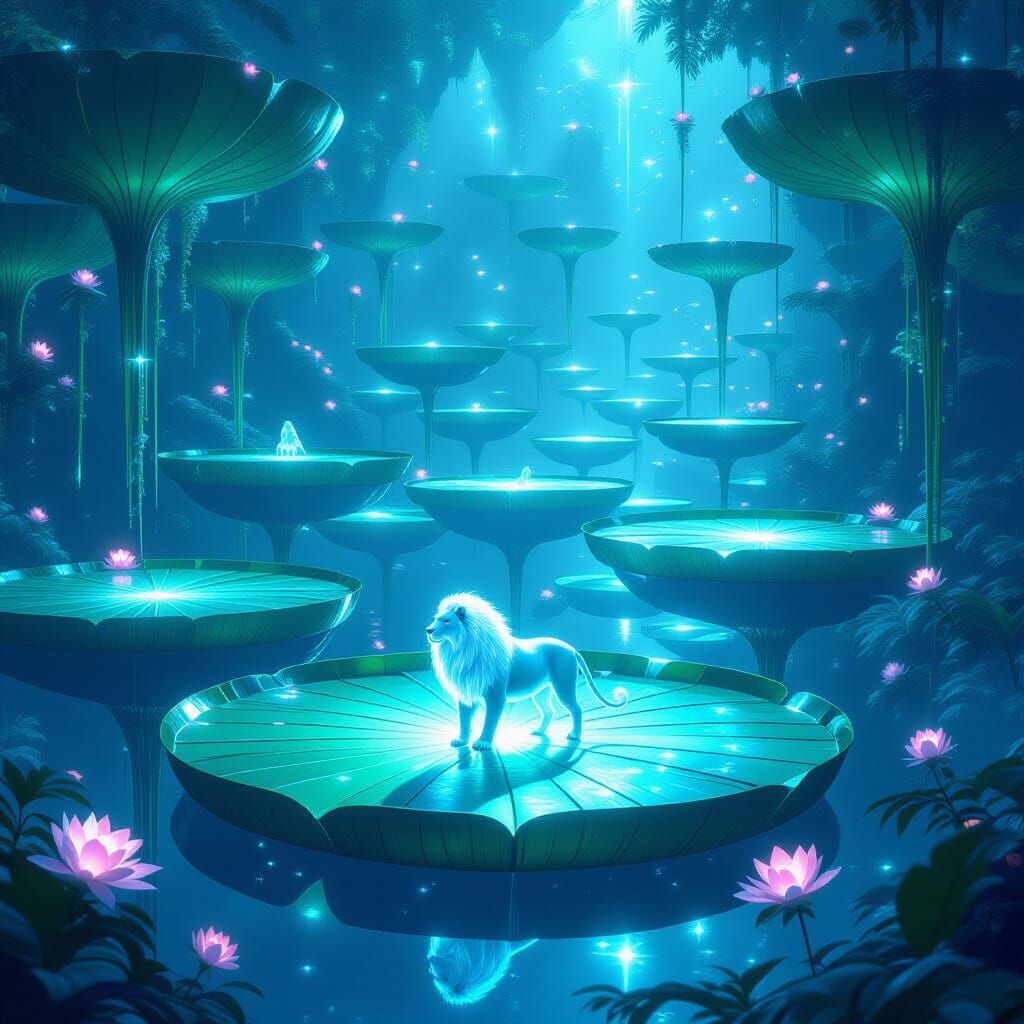 Ethereal City on Floating Lily Pads in Bioluminescent Sky