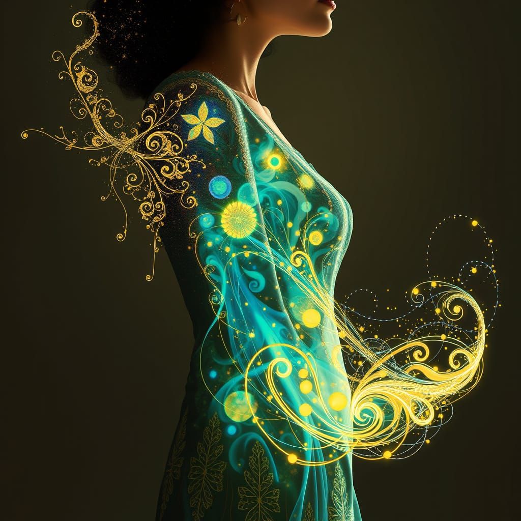 Woman Embracing Vibrant Aura, Inspired by Klimt's Gold Filig...