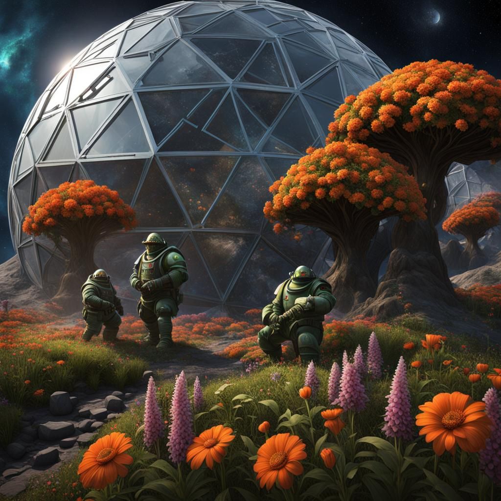 tending to the flowers in a geodesic dome of atmosphere on the moon.
