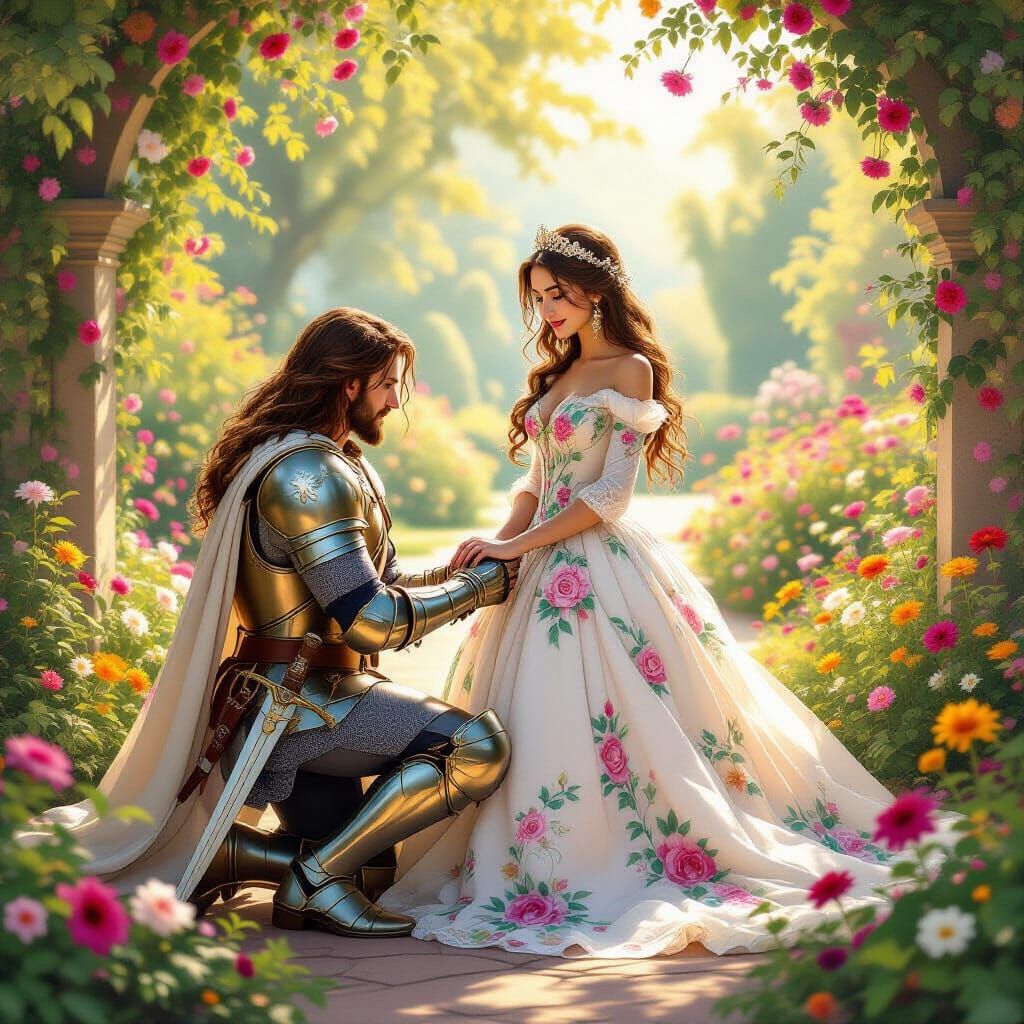 Knight and Princess in Sunlit Garden