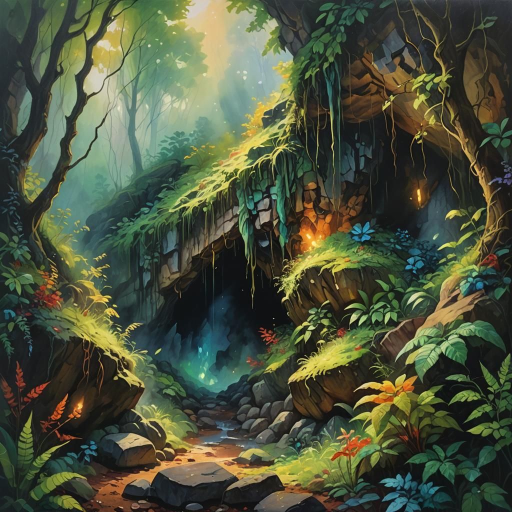 Mystical Cave Entrance in Vibrant Oil Painting