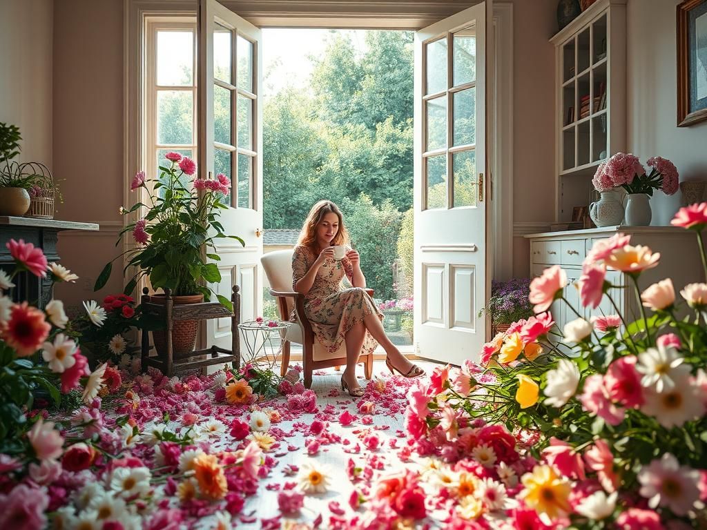 Surreal Garden Room Scene with Volumetric Lighting