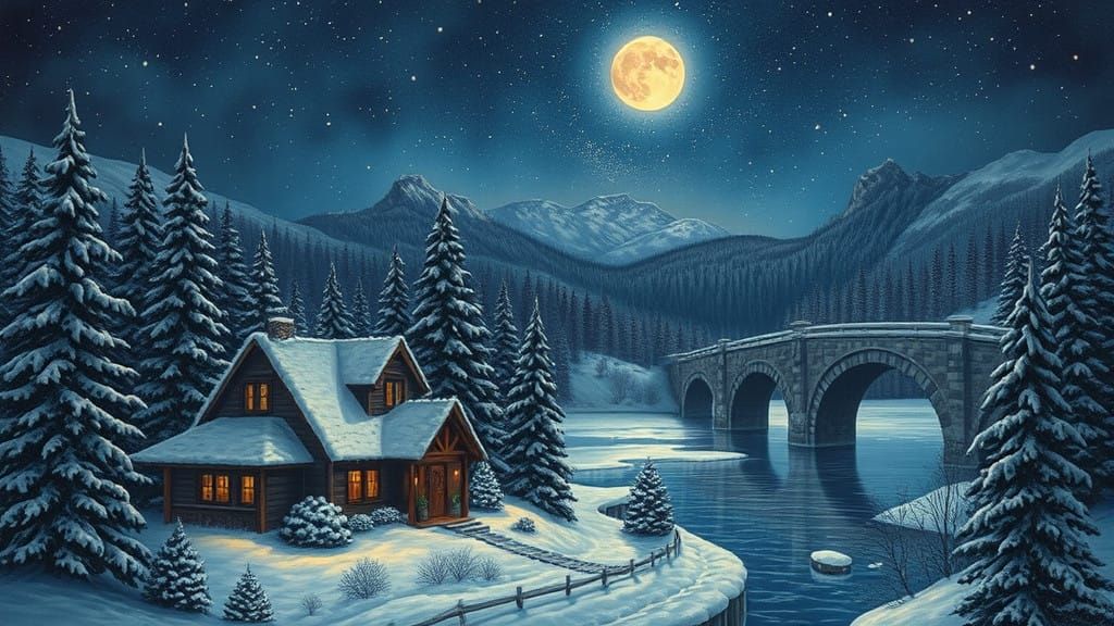 Winter Village Scene under the Stars in Realistic and Dreamy...