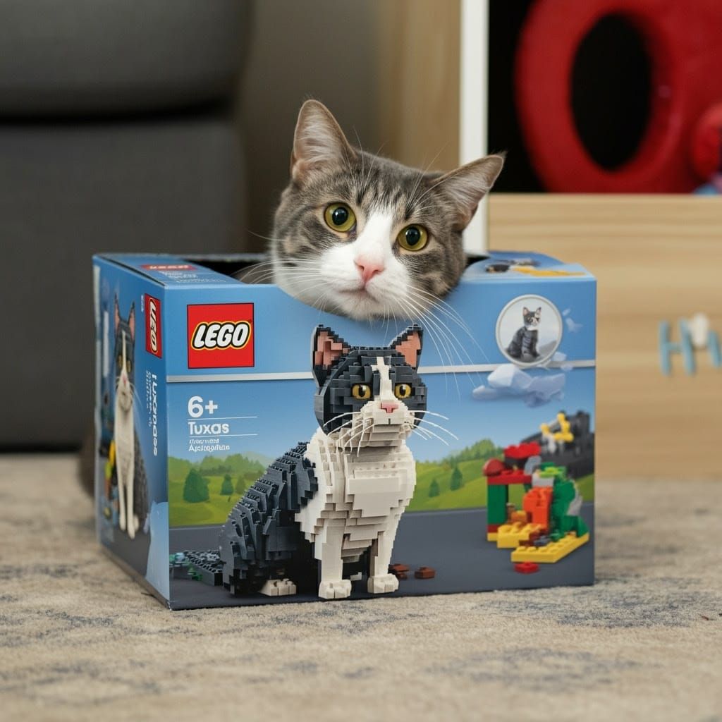 Gray Tuxedo Cat Plays with LEGO Box