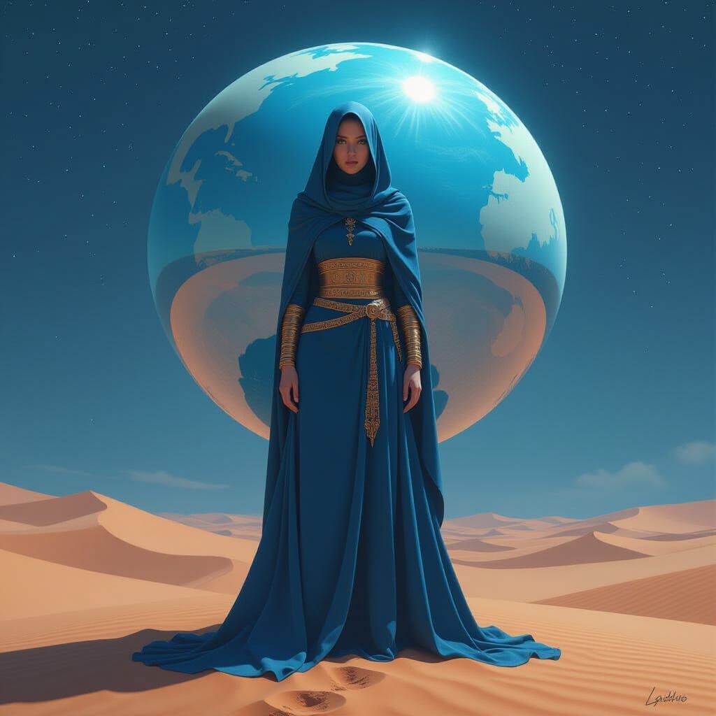 Ethereal Golden Woman on Iridescent Sphere