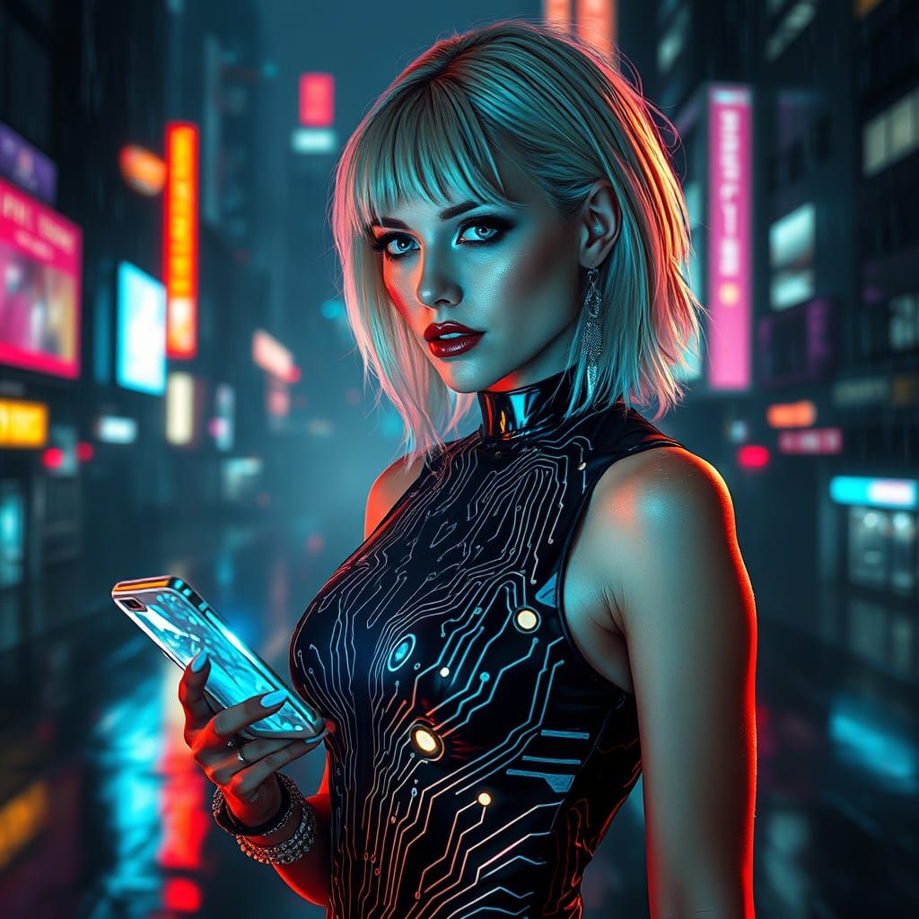 Woman in Cyberpunk Cityscape with Neon-Lit Dress and Hologra...
