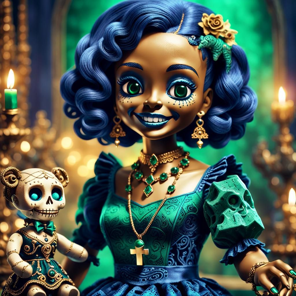 Ornate Woman Examines Voodoo Doll in Dark Fantasy