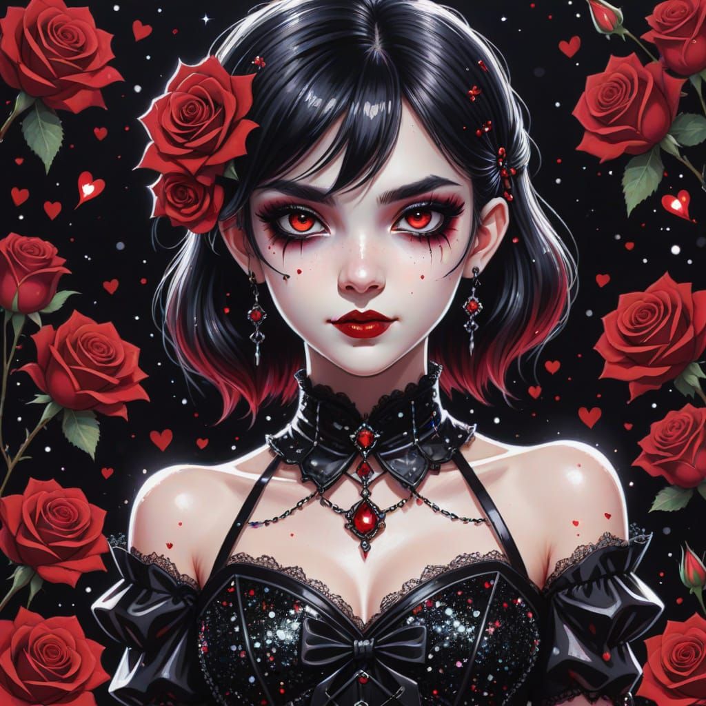 Anime Portrait of Cute Vampire with Roses