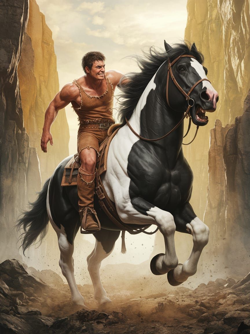 Muscular Man Battles Majestic Mustang in Rocky Valley