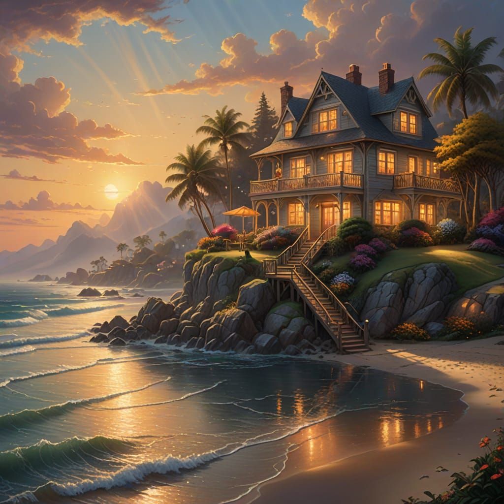 Vibrant Tropical Beach House in Golden Hour