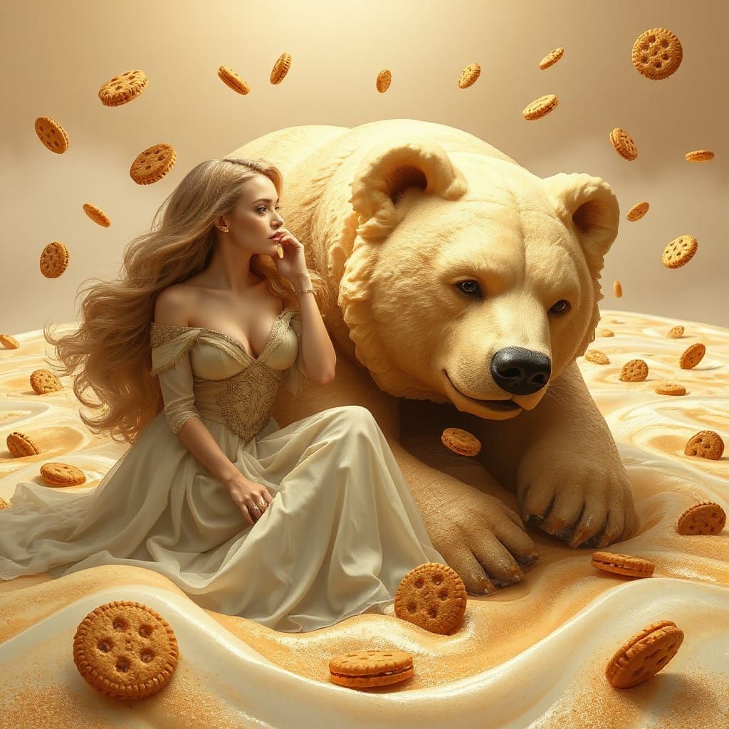Woman and Coffee Bear in Dreamy Cappuccino Sea