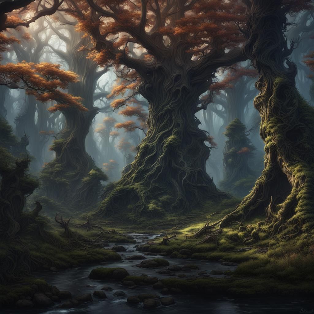 Detailed Dark Forest Fantasy Matte Painting