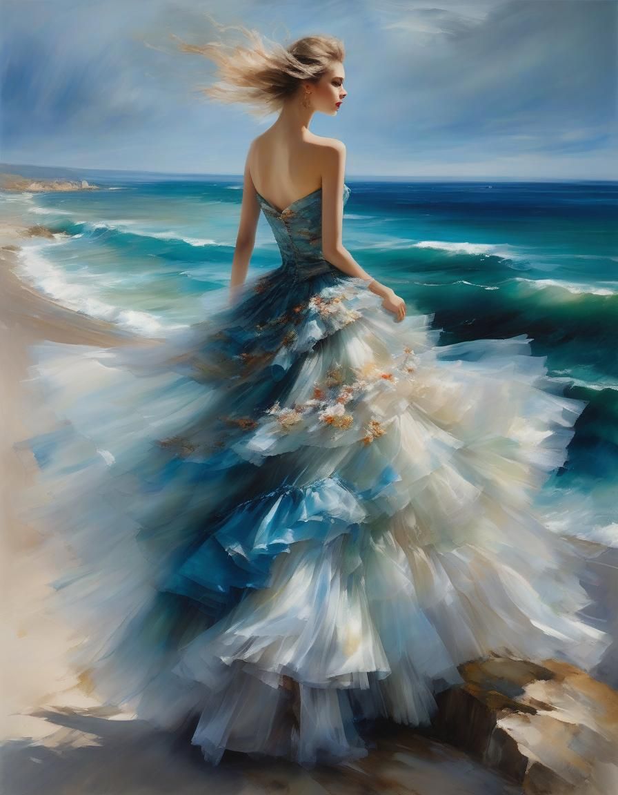 Woman in Tulle Dress at Sea, Impasto Painting