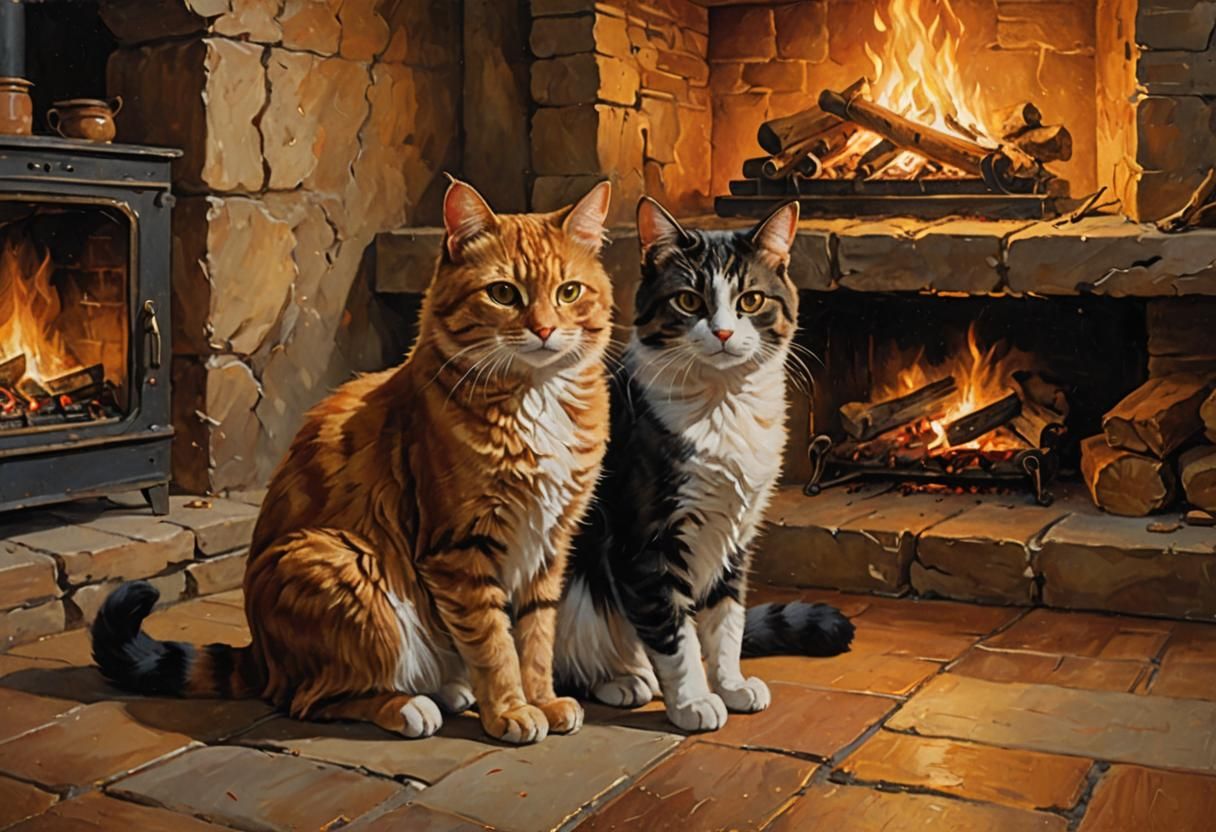 Cozy Cat by Fireplace in Warm Realism