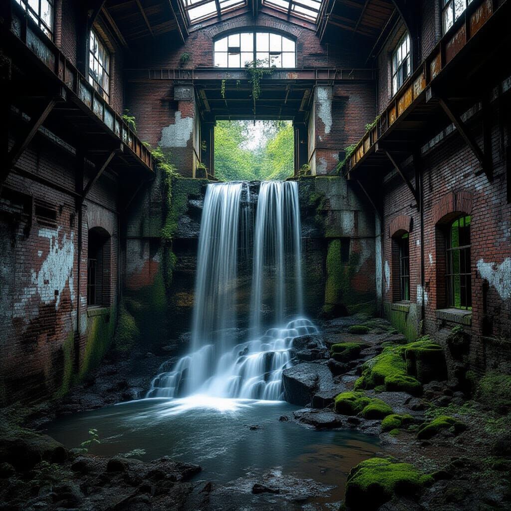 Relic Waterfall: Nature Reclaims Decayed Industrial Site