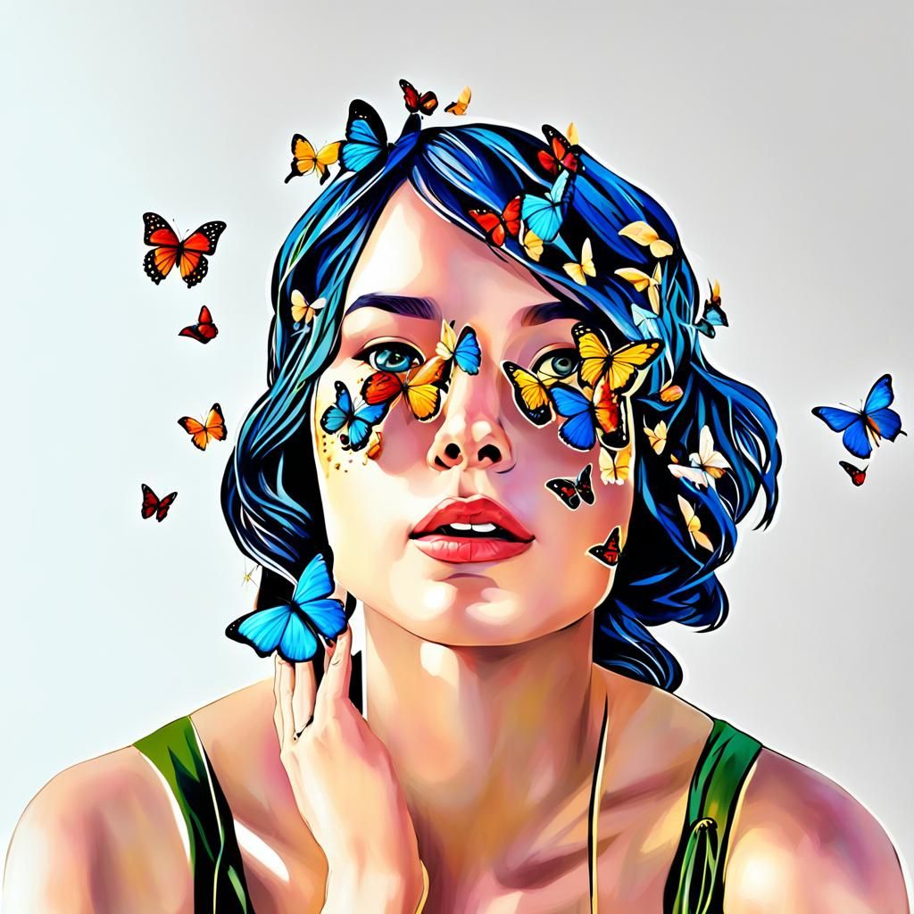 Hyperrealistic Woman in Blue Dress with Flowers