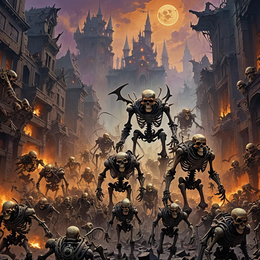 Skeleton Beast Army Marches Through Ruined City