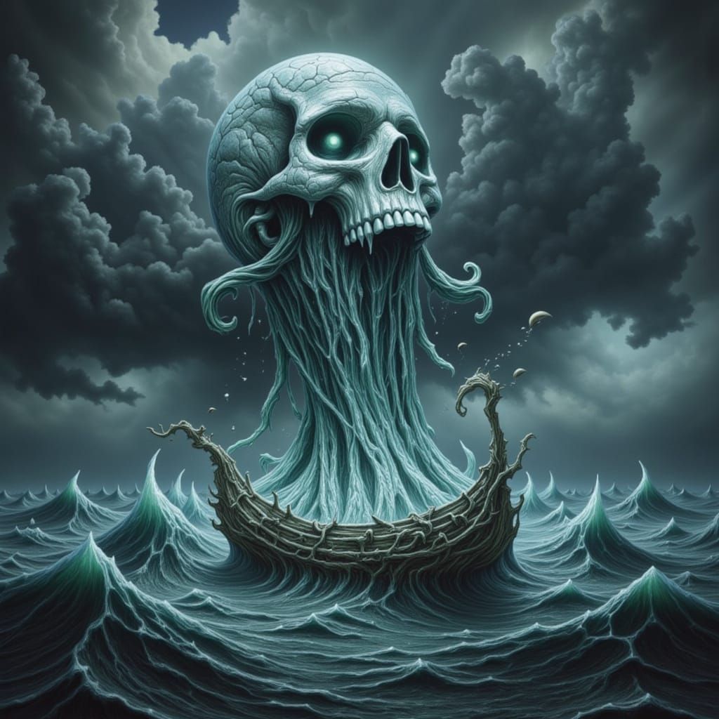 Surreal Ship Navigates Skull Cloud Sea