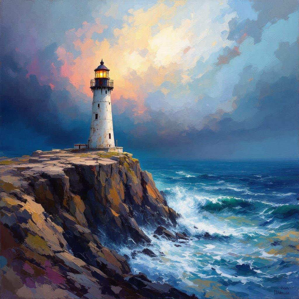 Impressionist Lighthouse Amidst Stormy Seas