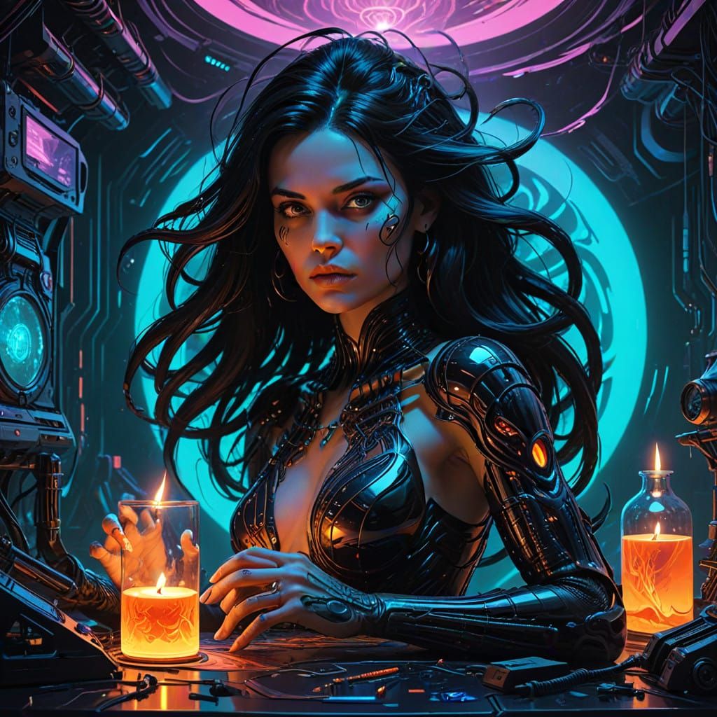 Confident Woman Channels Magical Energy in Futuristic Labora...