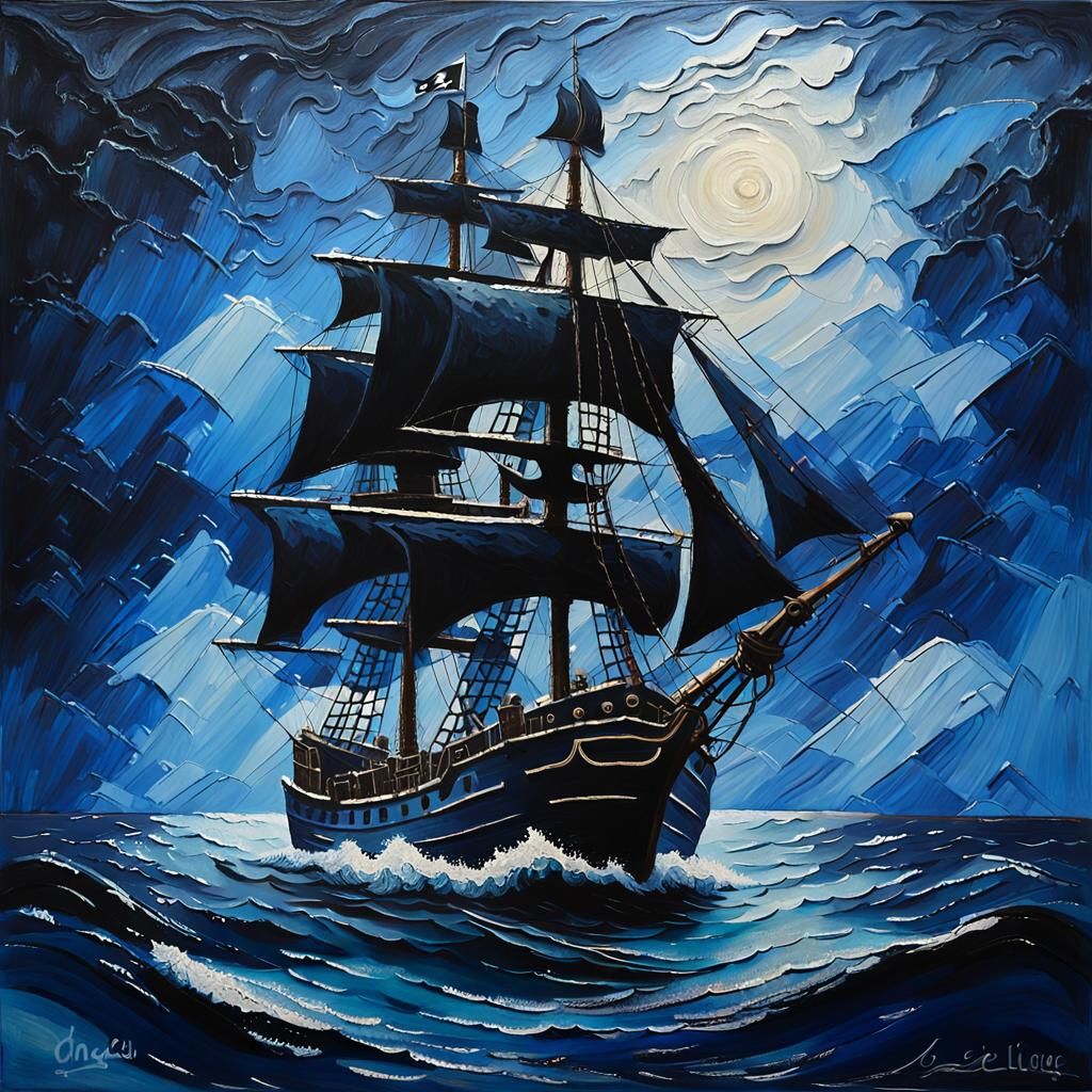 Majestic Pirate Ship Sails in Moody Impressionist Oil Painti...