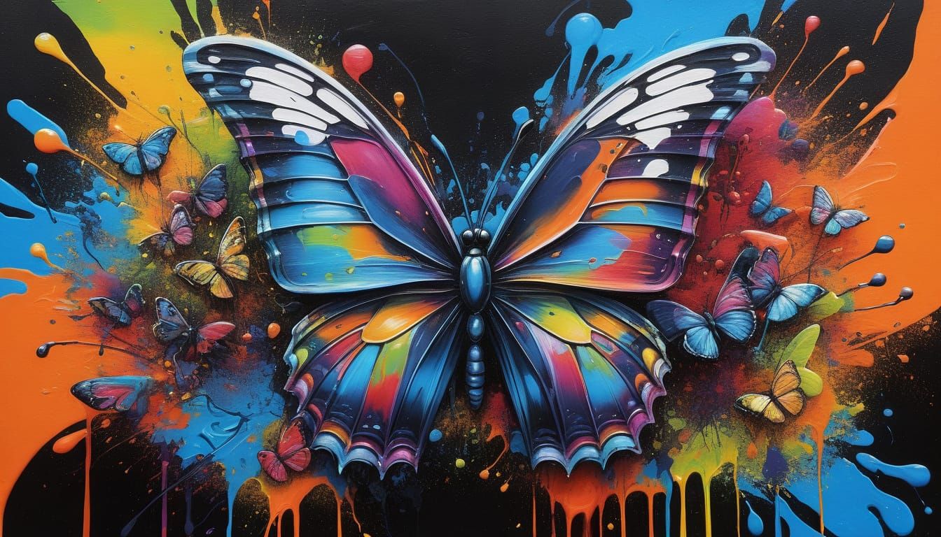 Surrealistic Garden Blooms with Vibrant, Psychedelic Butterf...