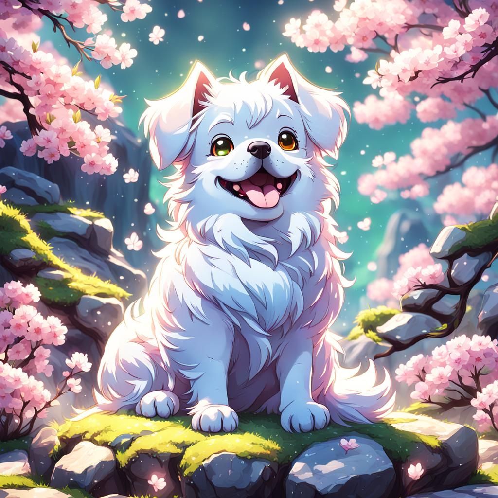 Cute Dog in Cherry Blossoms: Anime 3D Art