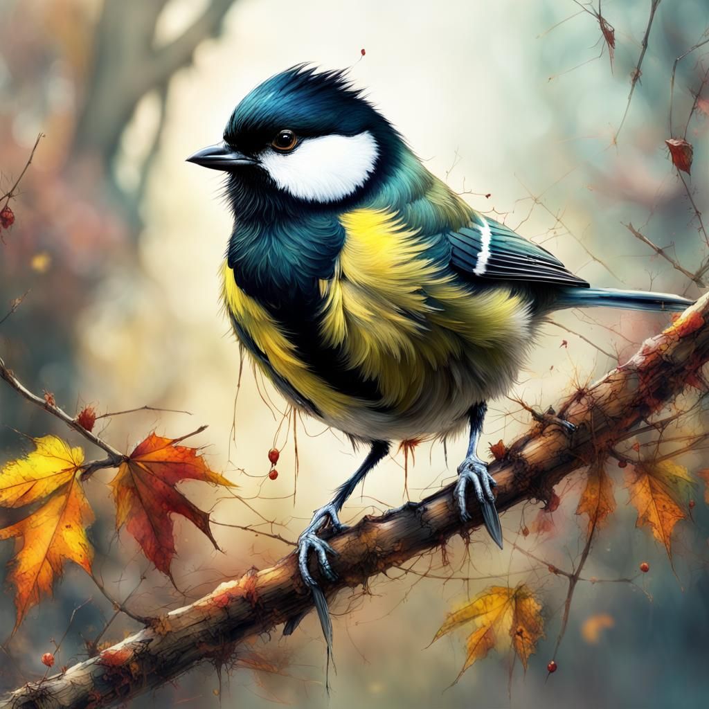 Great Tit in Autumn: Digital Matte Painting