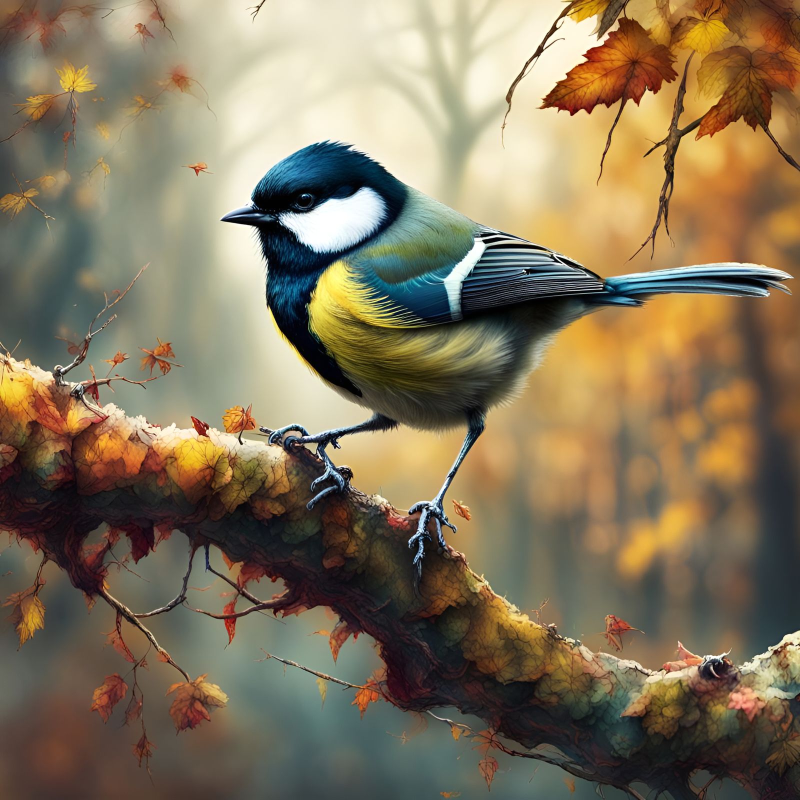 Great Tit in Autumn, Detailed Digital Painting