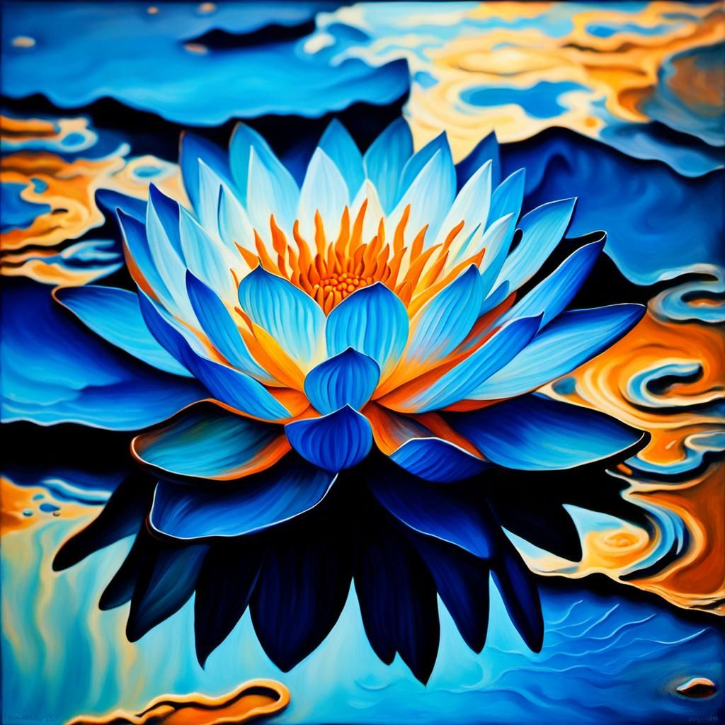Surreal Blue Lotus in Water, Oil Painting Style