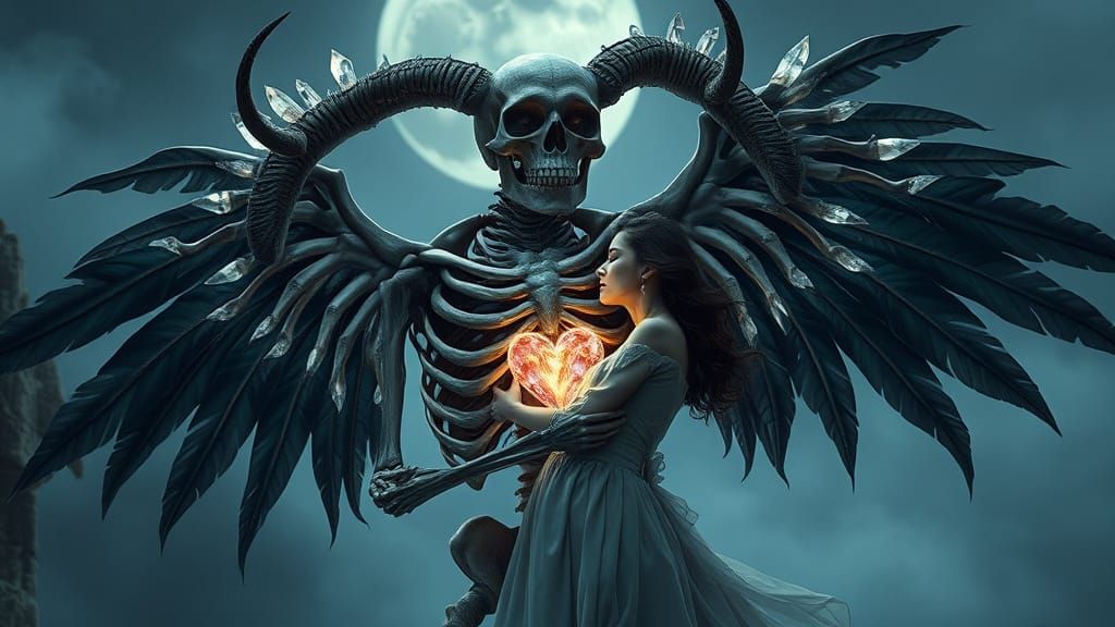 Skeletal Figure Embraces Woman in Gothic Dreamscape
