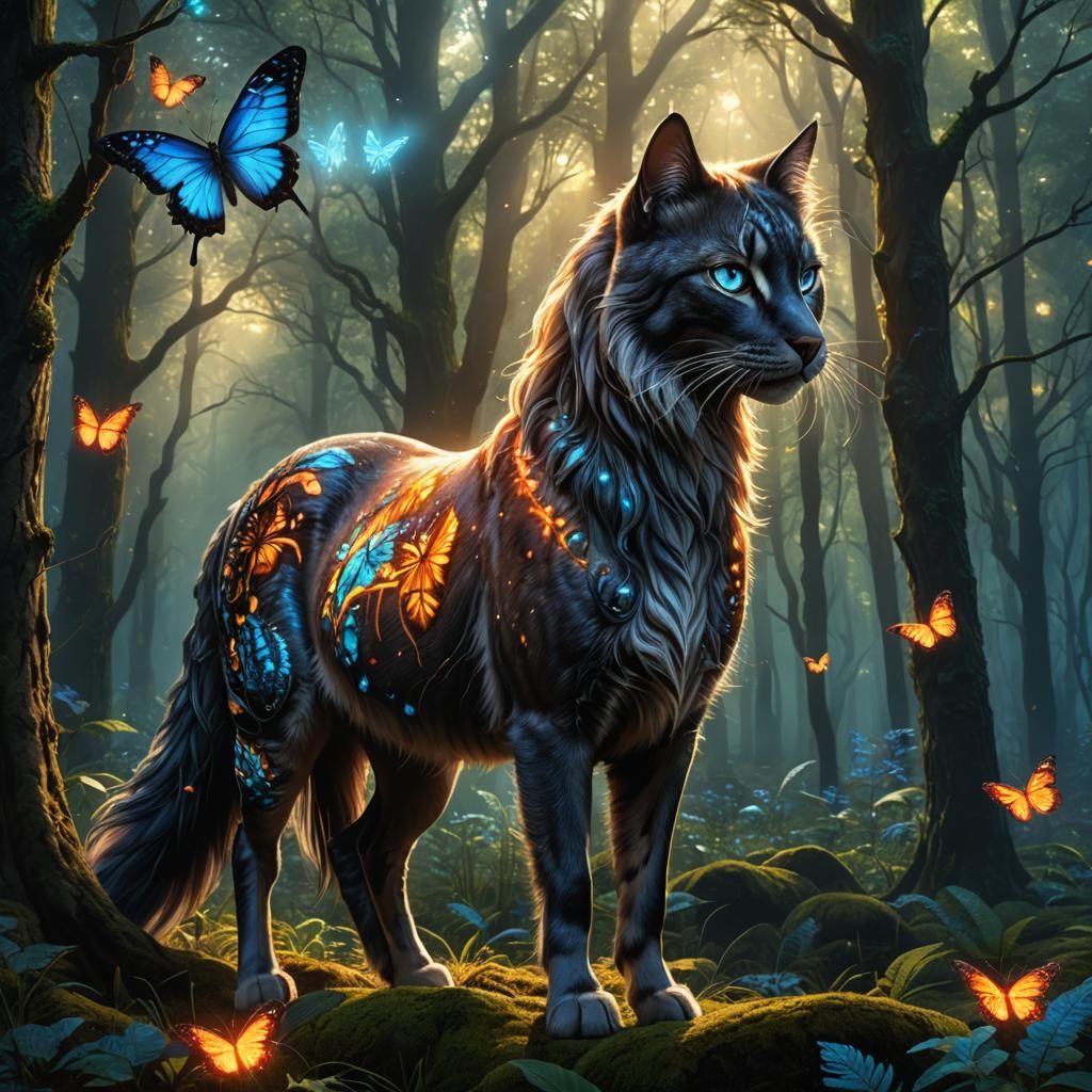 Mystical Cat-Horse Hybrid in a Forest