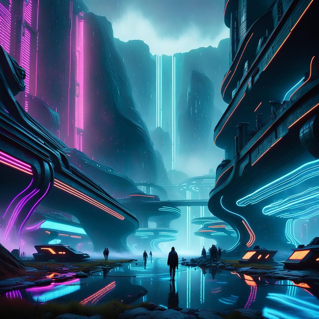 Cyberpunk Waterfalls in Misty Hidden Valley