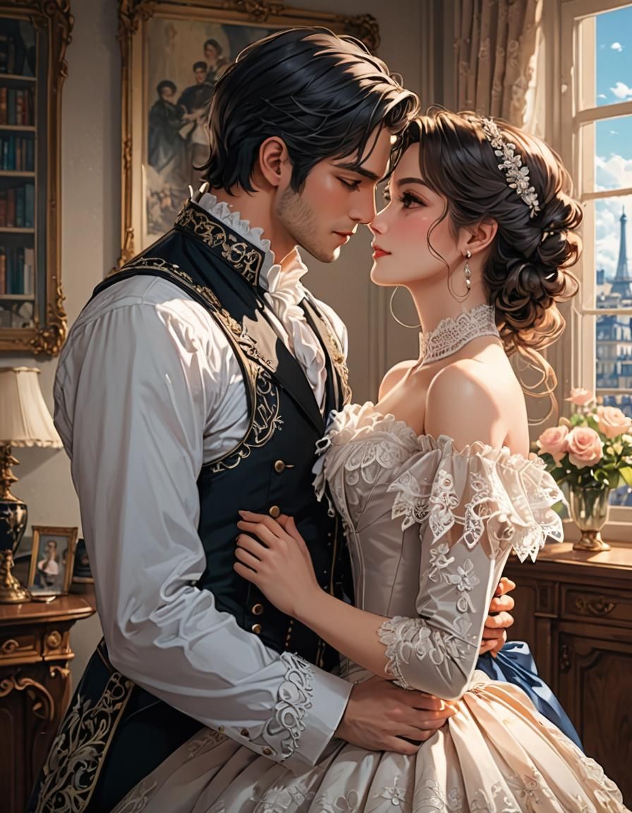 Romantic Kiss in Paris: Anime Style Portrait