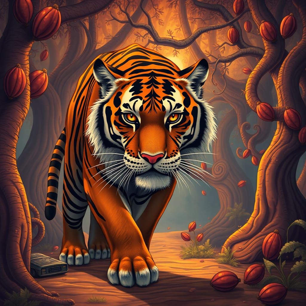 Majestic Chocolate Tiger in Whimsical Forest, Anime-Style Il...