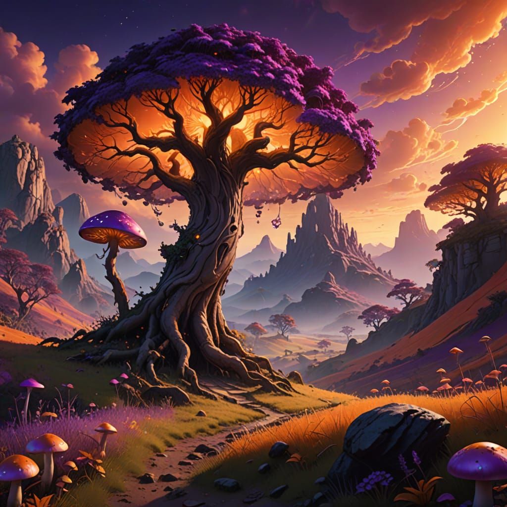 Mystical Valley in Vibrant Purple and Orange Hues