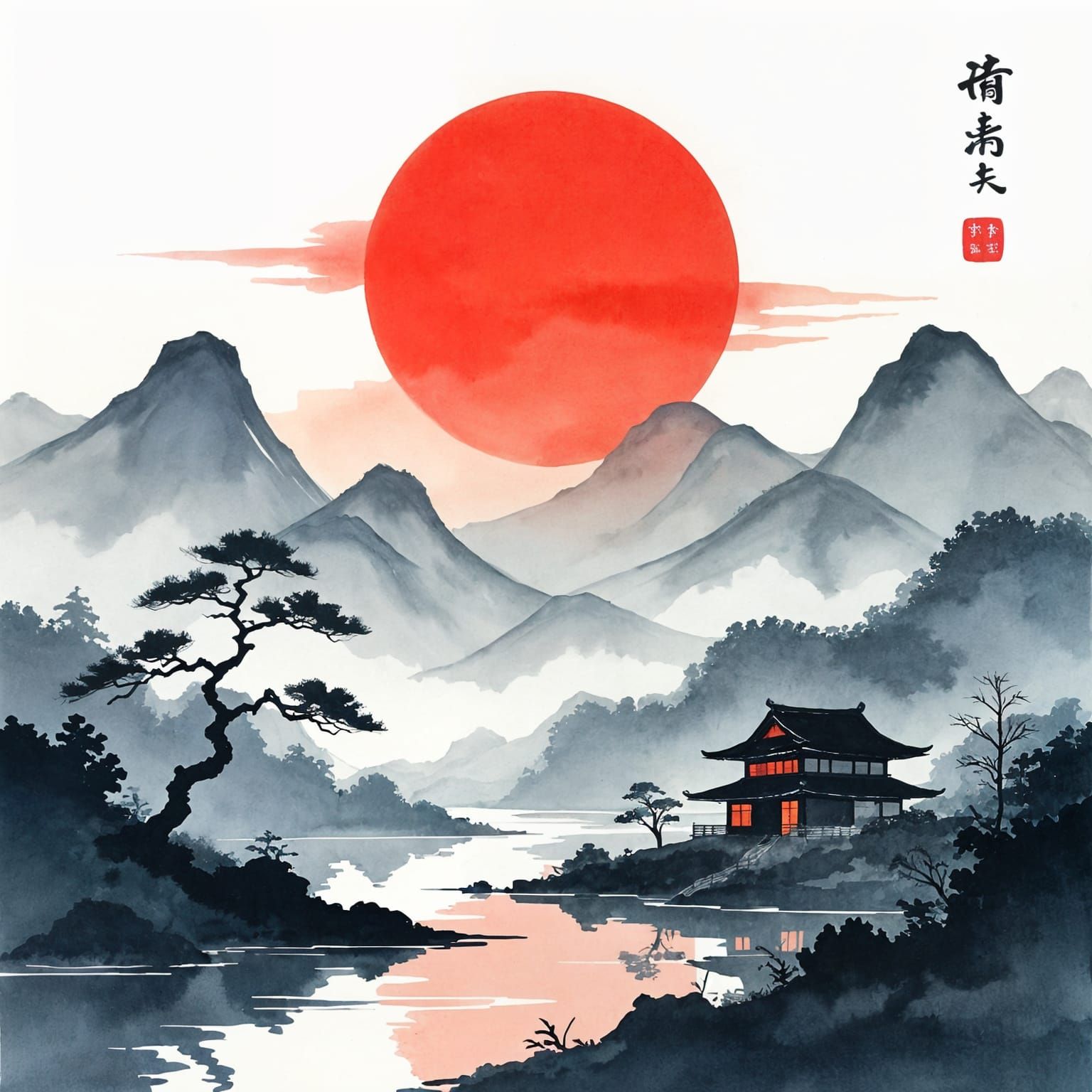 Serene Sunset Landscape in Japanese Ink Wash Style