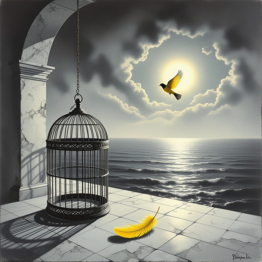 Surreal Monochrome Birdcage Escape to the Ocean