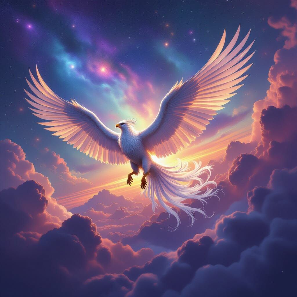 Majestic Griffin Soars Through Cosmic Nebula Sky