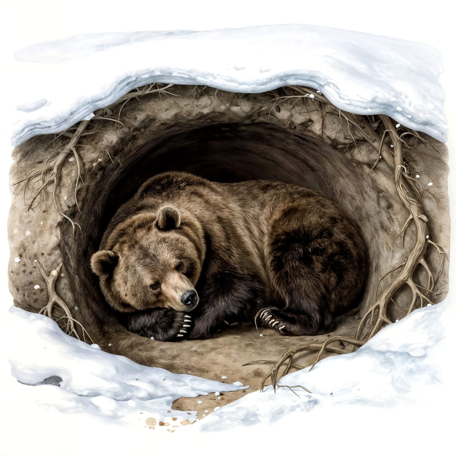Bear Hibernating in Winter Landscape Section Drawing