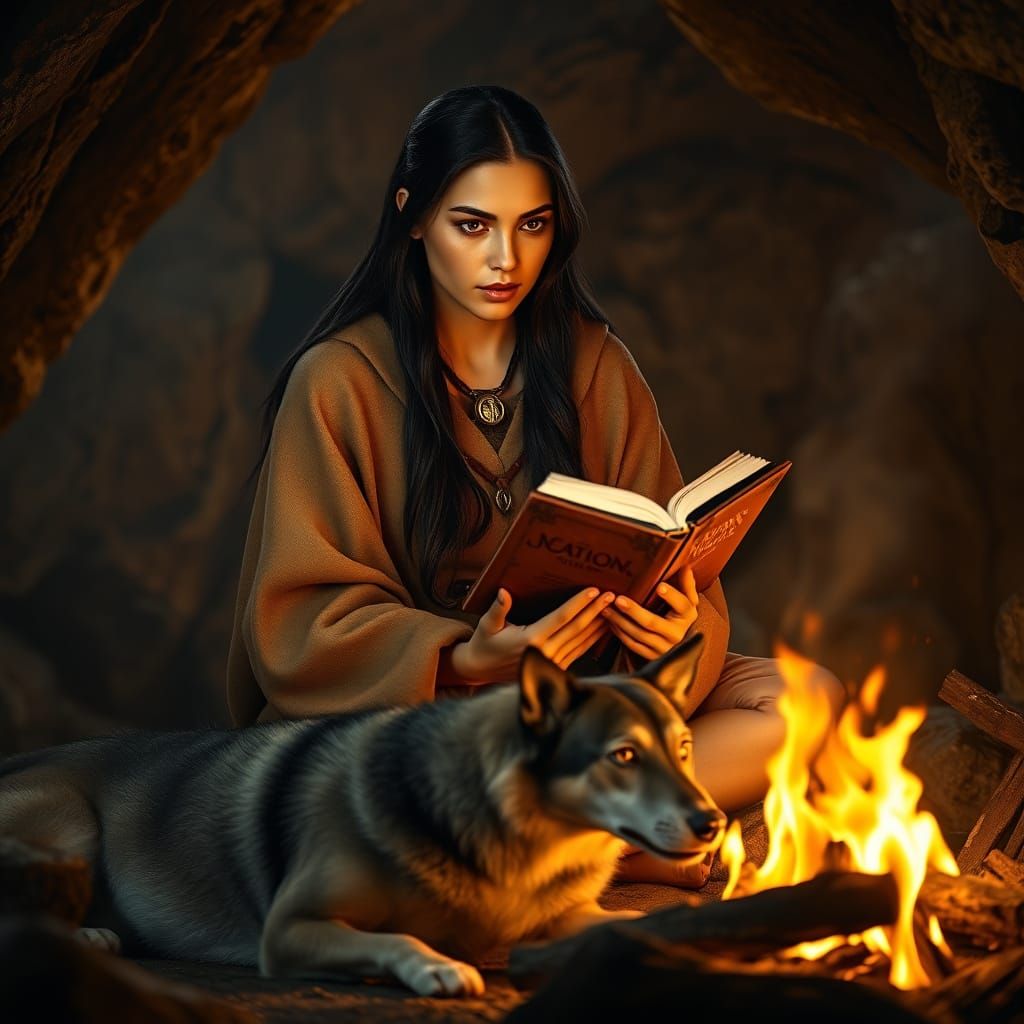 Pocahontas Reading by Firelight with Wolfhound
