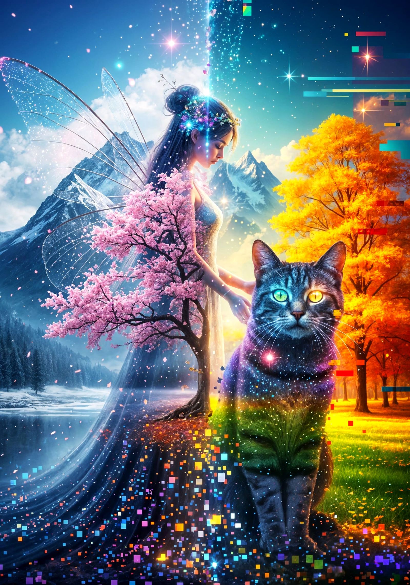 Fairy and Cat Portrait in Glitchcore Style